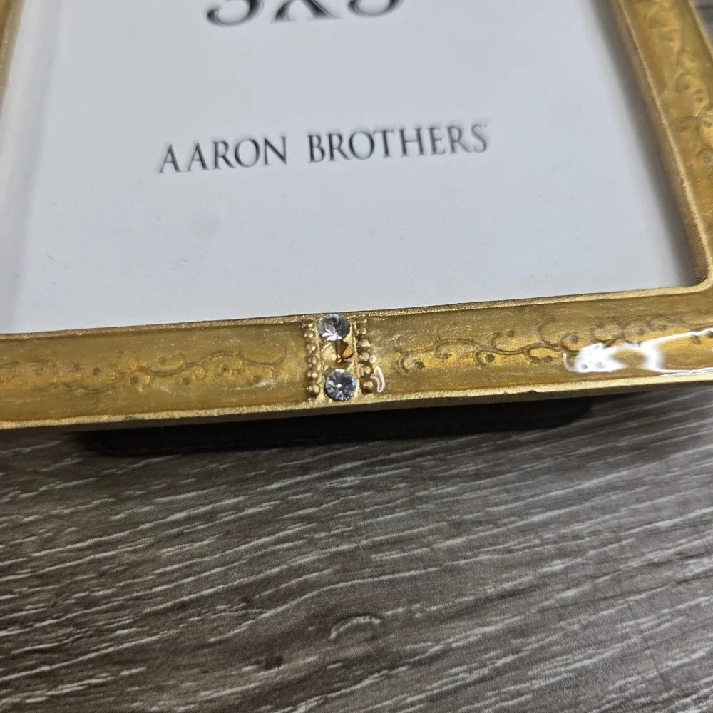 Lot of 2 Aaron Brothers Gold Enamel Rhinestone 3x5 Tabletop Picture Frame Pair